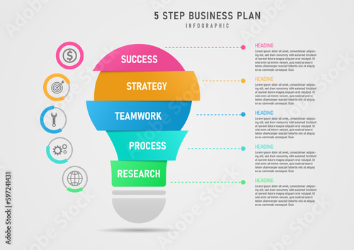 Modern Template Multi Color Segmented Light Bulb Infographic 5 Steps Business Plan Success Circle with Color Bars and Icons in the Center Dotted Line clean gray gradient background