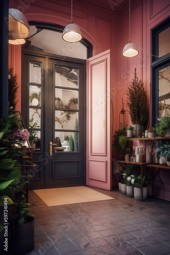 Generative AI concept of Retro luxury store of plants with colored door and glass window decorated in pink tone