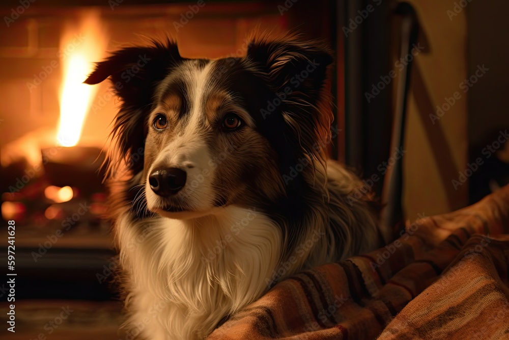 Fototapeta premium A Cozy Moment: Border Collie Curled Up By the Fireplace With Its Beloved Pet Blanket, Generative AI