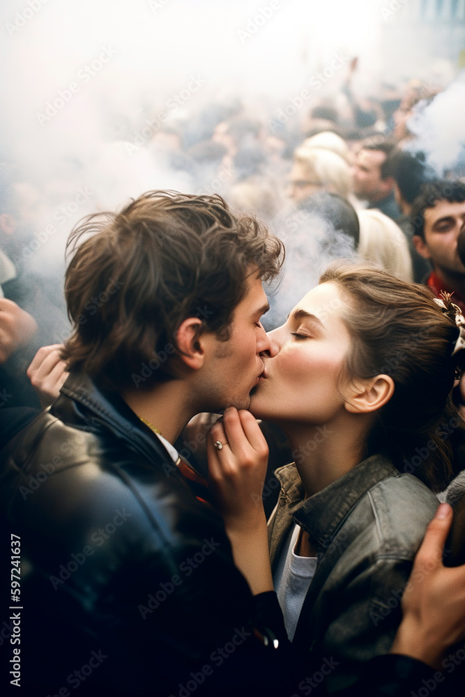 Generative AI illustration of Two lovers kissing during a riot in the street. Generative AI illustration of Two lovers kissing during a riot in the street.