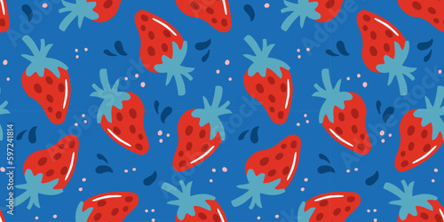 Strawberry vector seamless pattern. Cute blue doodle background with hand drawn berry for wallpaper, textile, wrapping paper print design.
