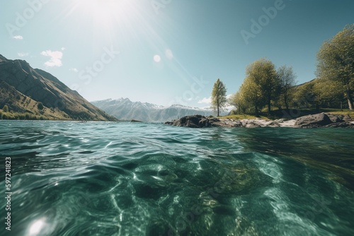 A serene landscape with blue skies, water and shimmering light. Generative AI