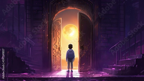 Exploring the Mysterious World of Imagination: Adorned with a Glowing Purple Gate, A Boy Takes an Adventure. Generative AI