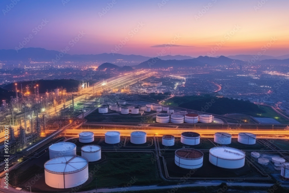 An aerial view at twilight showcases an oil refinery, complete with an oil storage tank, and a petrochemical plant in the industrial background. A price graph adds to the industrial aesthetic. - obrazy, fototapety, plakaty 