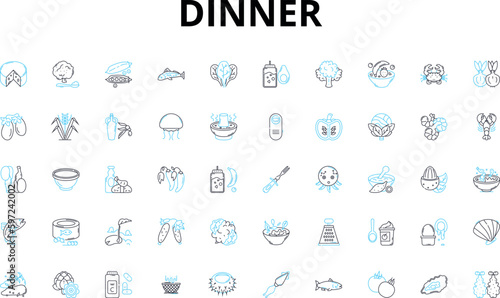 Dinner linear icons set. Feast, Plate, Meal, Dine, Cuisine, Supper, Eat vector symbols and line concept signs. Food,Gourmet,Entree illustration Generative AI