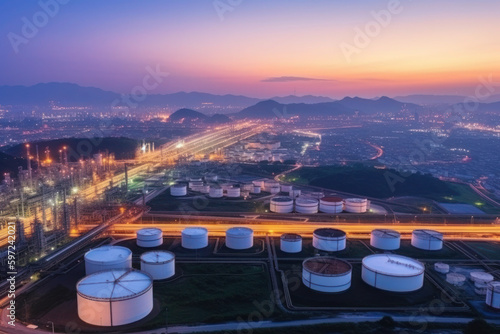 Leinwand Poster An aerial view at twilight showcases an oil refinery, complete with an oil storage tank, and a petrochemical plant in the industrial background
