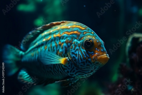 A beautiful fish swims in the sea or ocean. The ecosystem of the underwater world. Generative AI.