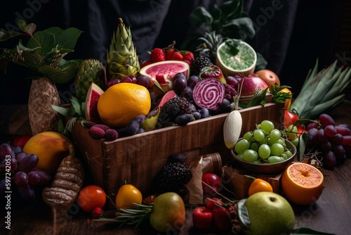 Fashionable vegan hamper filled with a mixture of vivid produce. Generative AI