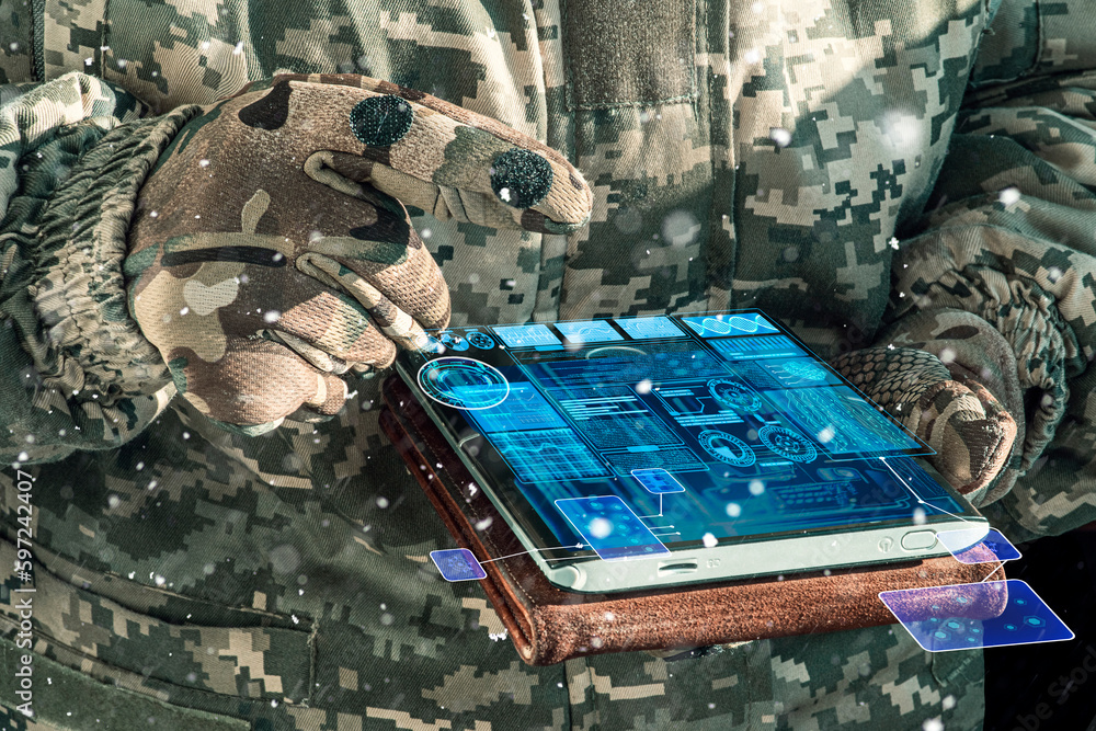 AI Command of the military forces on the tablet computer with augmented reality. Internet, Programming control with artificial intelligence, online coordination of the military team. - obrazy, fototapety, plakaty 