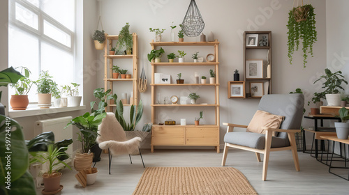Interior of living room with shelving unit  houseplants and armchair  generative ai