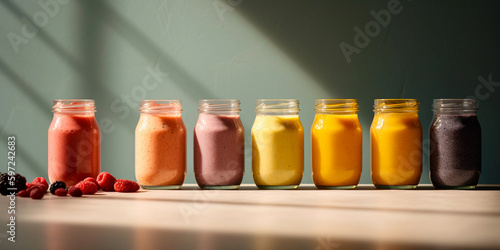 healthy and tasty fruit smoothies and shakes, light green background, created with generative ai