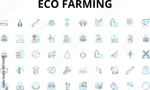 Eco farming linear icons set. Sustainability, Organic, Permaculture, Regenerative, Soil, Biodiversity, Agroforestry vector symbols and line concept signs. Compost,Biodynamic,Local Generative AI