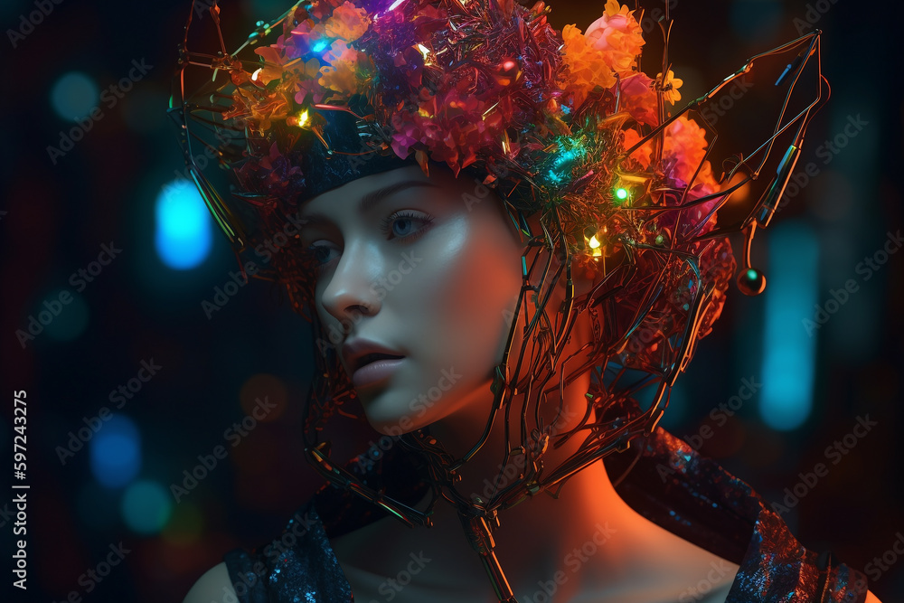 fashion portrait of a futuristic  woman with strange exotic and colorful hat, neon vaporwave background and style, generative ai illustration