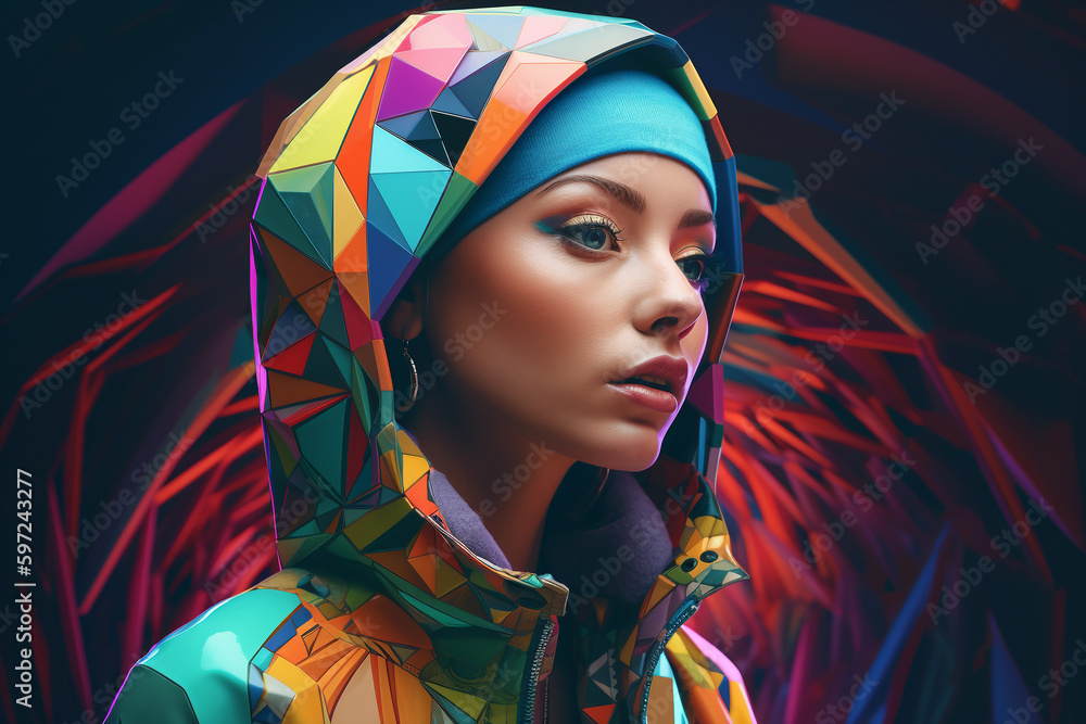 fashion portrait of a futuristic  woman with strange exotic and colorful hat, neon vaporwave background and style, generative ai illustration