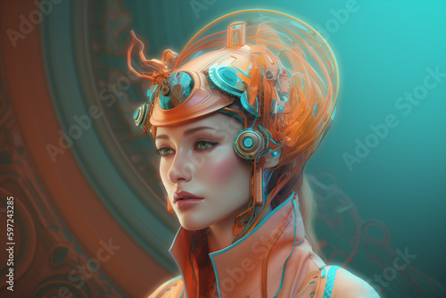 fashion portrait of a futuristic  woman with strange exotic and colorful hat  neon vaporwave background and style  generative ai illustration