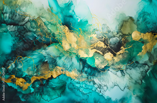 Fluid Art. Liquid jade green ink and gold metallic abstract drips and wave. Generative AI illustration