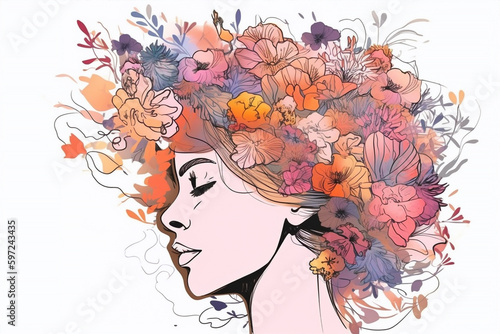 beautifl woman with closed eyes dreaming, full of flowers on her head, generative ai illustration photo