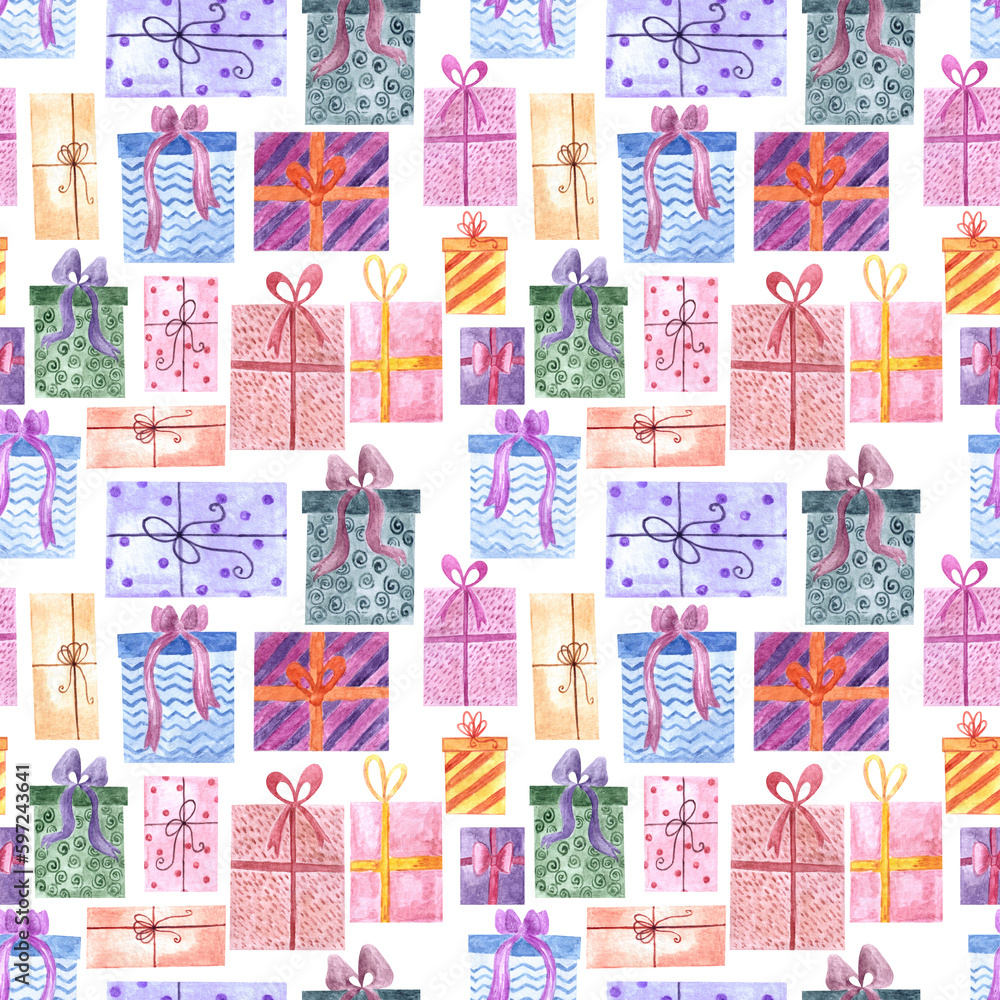 Hand drawn watercolor seamless pattern with group of gift boxes in different wrapping papers and bows on white backdrop.Birthday christmas x-mas background