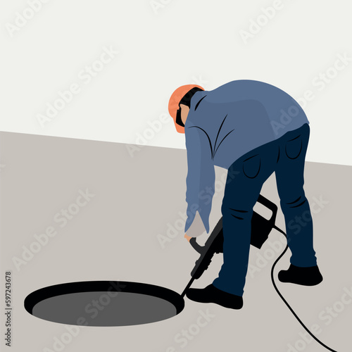 Vector a color de operario trabajando con martillo neumático