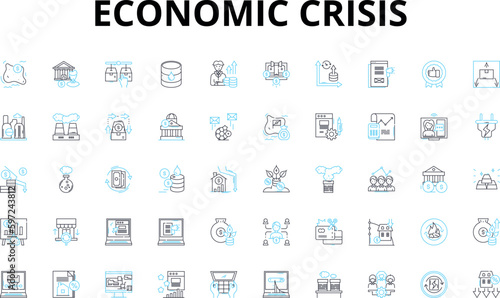 Economic crisis linear icons set. Recession, Depression, Inflation, Deflation, Bankruptcy, Default, Unemployment vector symbols and line concept signs. Poverty,Devaluation,Bailout Generative AI