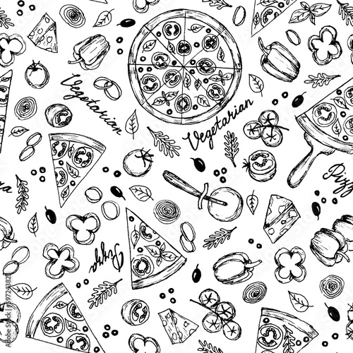 Seamless pattern of hand drawn line art black vegetarian pizza ingredients: bell pepper, tomatoes, cheese, onion, olive, basil.Pizza wheel and slices of fast food on white background