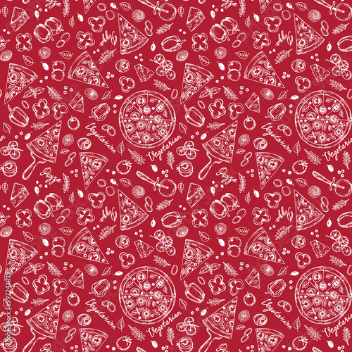 Seamless pattern of hand drawn line art white vegetarian pizza ingredients: bell pepper, tomatoes, cheese, onion, olive, basil.Pizza wheel and slices of fast food on red background