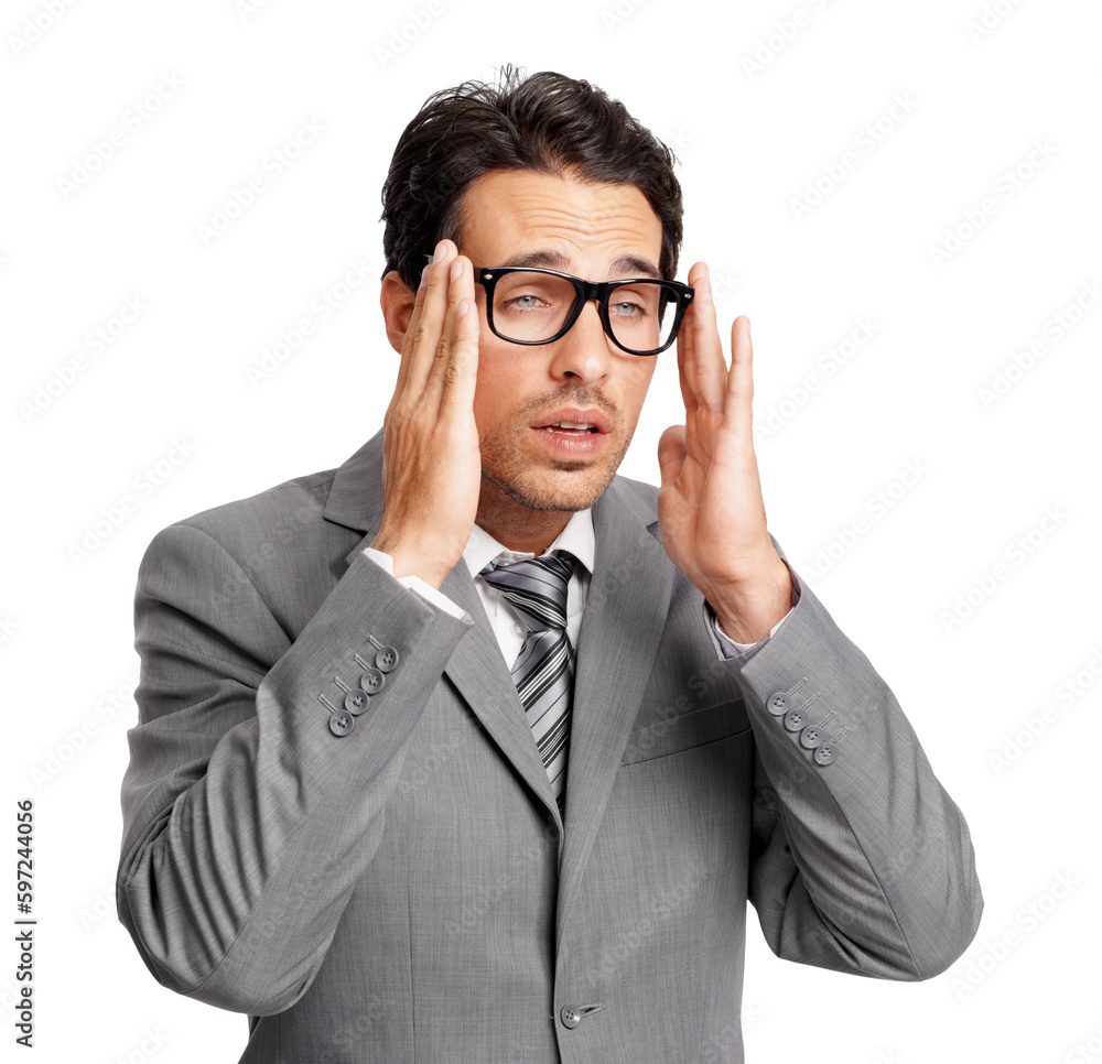 Businessman with tired eyes, suit and glasses, exhausted and isolated on transparent png background. Fatigue, business and man with vision stress or eye sight problem, prescription frame and lens.