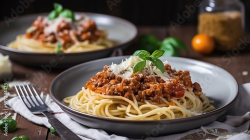 Spaghetti bolognese with basil on top and cheese and water on the side sitting on a red napkin and white wooden surface, generative ai