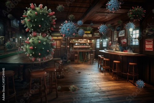 COVID-19 viruses destroy taverns  reflecting the negative impact of the pandemic on businesses. 3D illustration. Generative AI