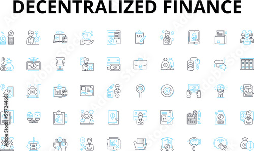 Decentralized finance linear icons set. DeFi, Decentralized, Blockchain, Crypto, Smart contracts, Tokenization, Liquidity vector symbols and line concept signs. Yield,Transparency,Governance