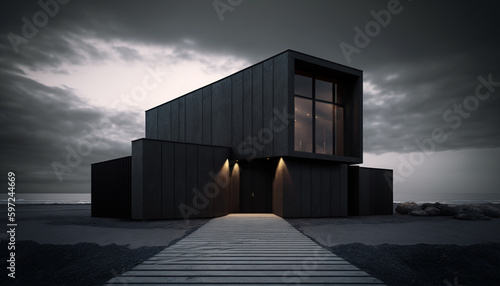 Big black house concept  dark exterior on the ocean  Generative AI
