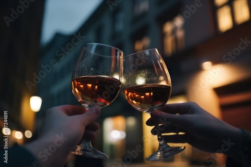 Wineglasses in couple hands close up, woman and man drinking and toasting in a outdoors bar. Generative AI 