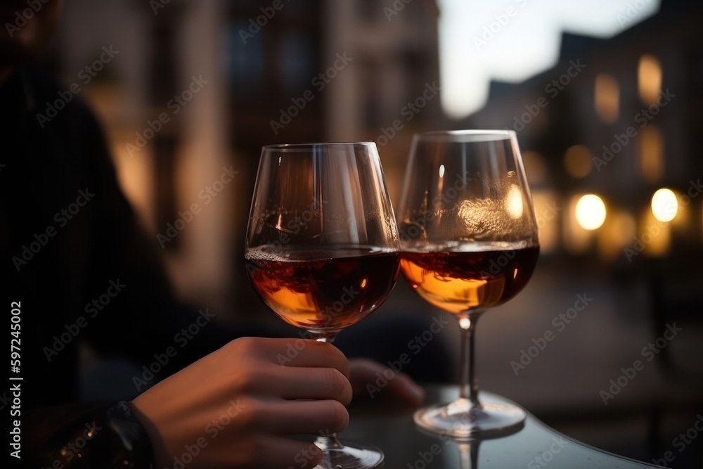 Outdoors wine bar, female hand and two glasses close up, blur city lights. Generative AI 