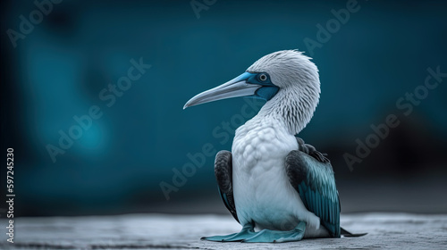 Cute blue footed booby on the rock on blurred blue background with copy space, generative AI