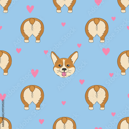 Cute corgi butt and face seamless pattern. Vector cartoon dog background