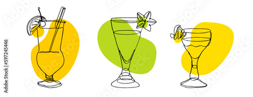 continuous line drawing of exotic cocktail drinks. vector