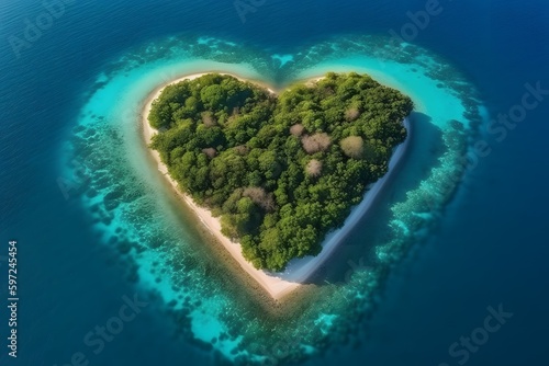 Sunset view of a Tropical Island in the Shape of a Heart. Aerial View, Travel Concept, Valentines Love Day concept. Honeymoon. Generative AI. © ckybe