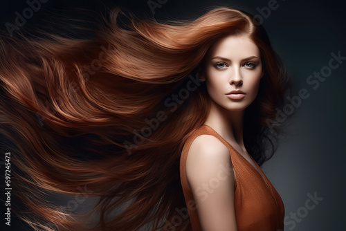 Beautiful red-haired woman with long and shiny wavy hair. Composite with different elements made with generative AI