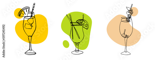continuous line drawing of exotic cocktail drinks. vector