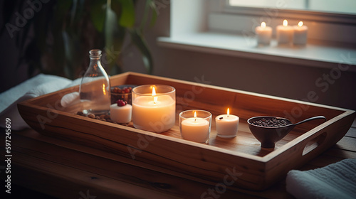 Wooden bathtub tray with candles  eyeglasses and cup of tea in light room  generative ai