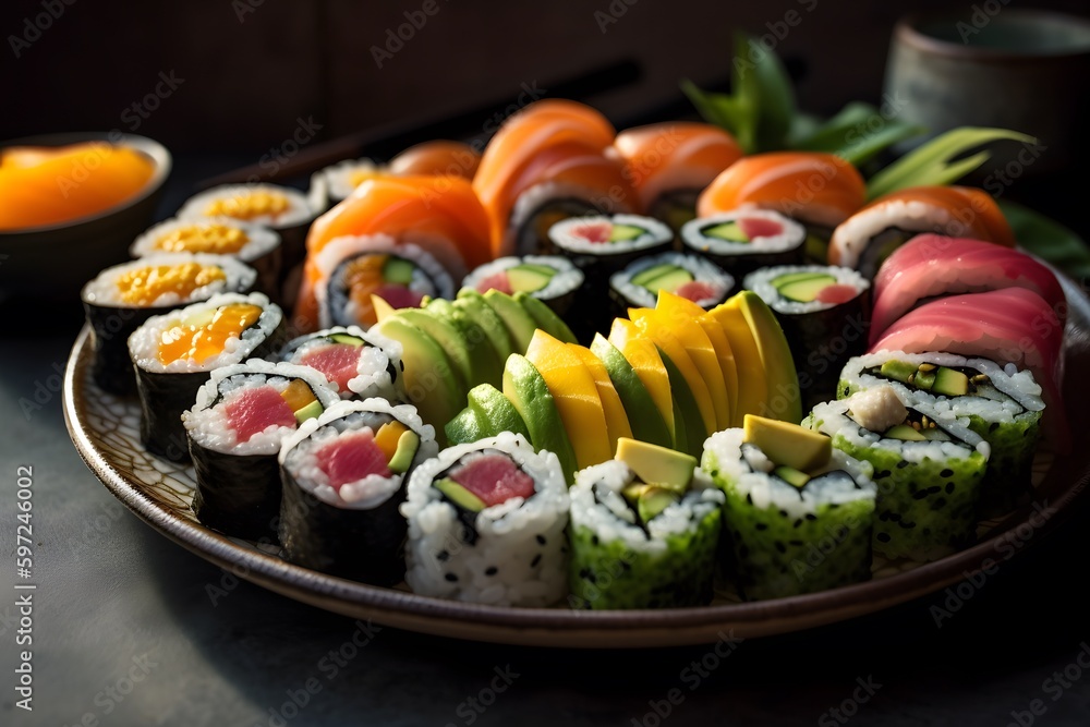Vibrant images of fresh sushi rolls, arranged artfully on a plate. Generative Ai. Vibrant images of fresh sushi rolls, arranged artfully on a plate. Generative Ai.