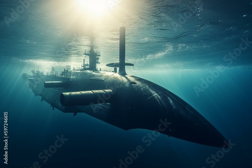 Underwater launch of atomic submarine torpedo. Generative AI