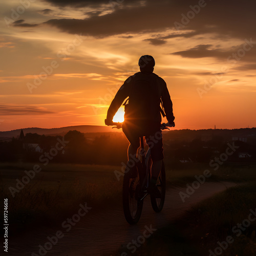 Silhouette of a Bike Rider Riding into the beautiful Sunset, generative AI