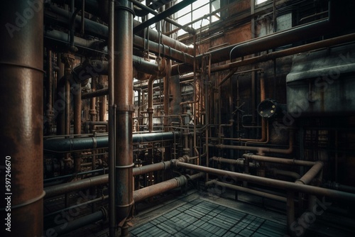 An aged backdrop of pipelines and piping systems. Generative AI © Ilya