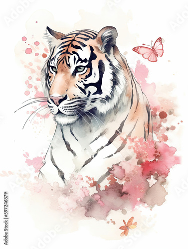 Tiger watercolor painting, asian design, cherry blossom, butterfly, digital prints, wildlife, animals. Generative AI © Art for Insomniacs