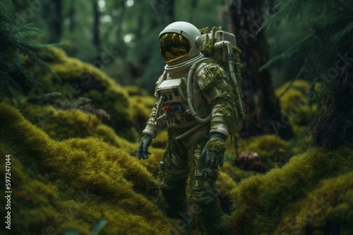 Astronaut on a planet with green forests, spacesuit covered in moss. Generative AI
