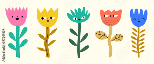 Vector flower set with doodle faces. Garden spring and summer sticker pack collection