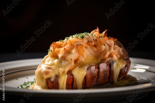  lobster thermidor. a French dish consisting of a whole lobster tail baked with a creamy brandy sauce, egg yolks and gruyere cheese. Generative AI photo