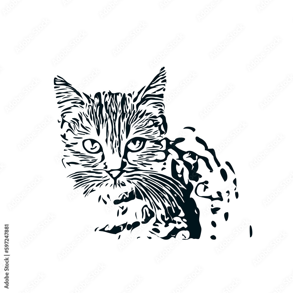 black and white sketch of a cat with a transparent background