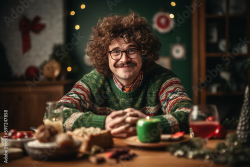 Funny man in Christmas ugly sweater. Generative AI